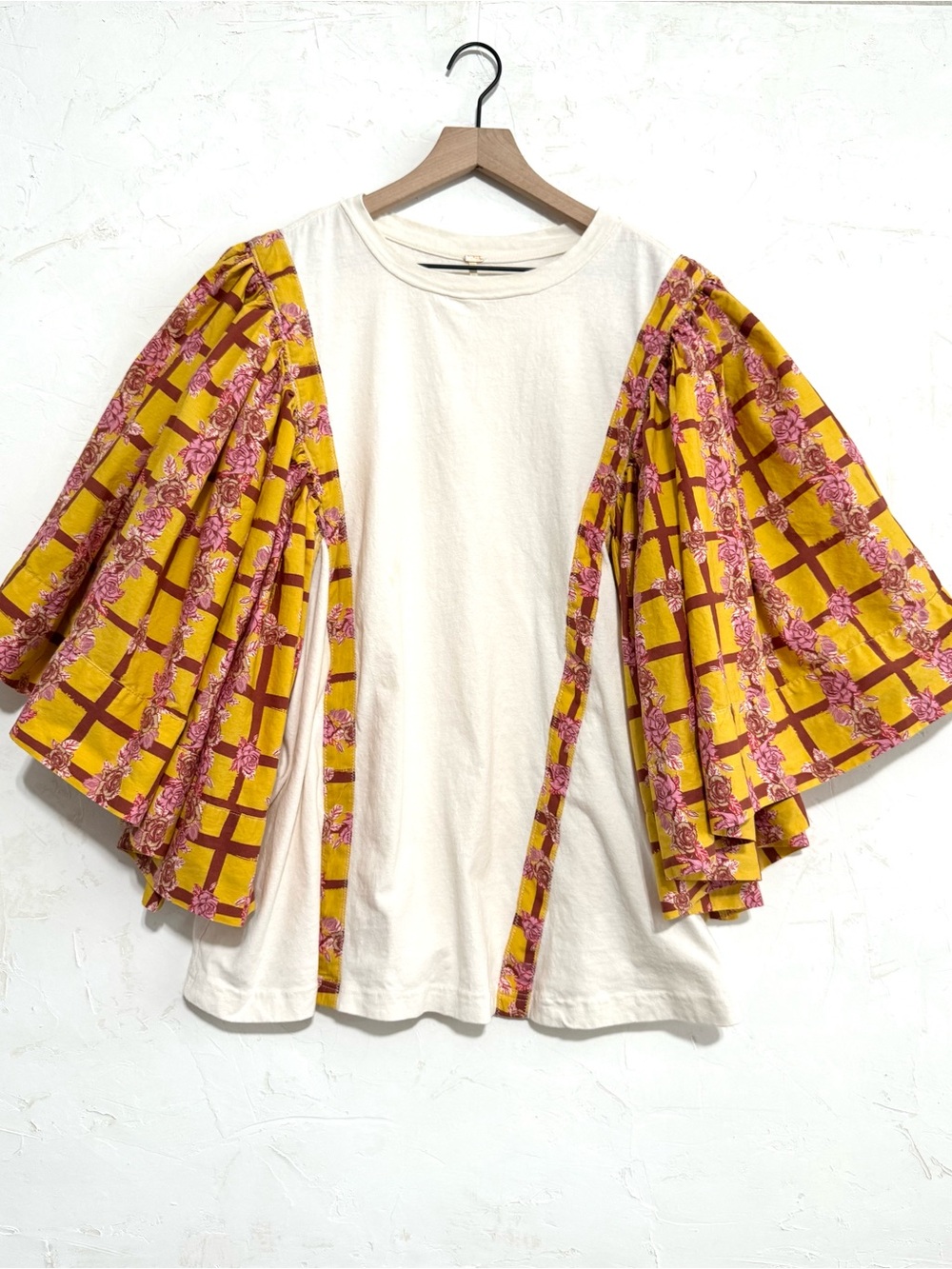 Free People Folklore Tee White Combo M Oversized Floral Bell Sleeve Boho Top